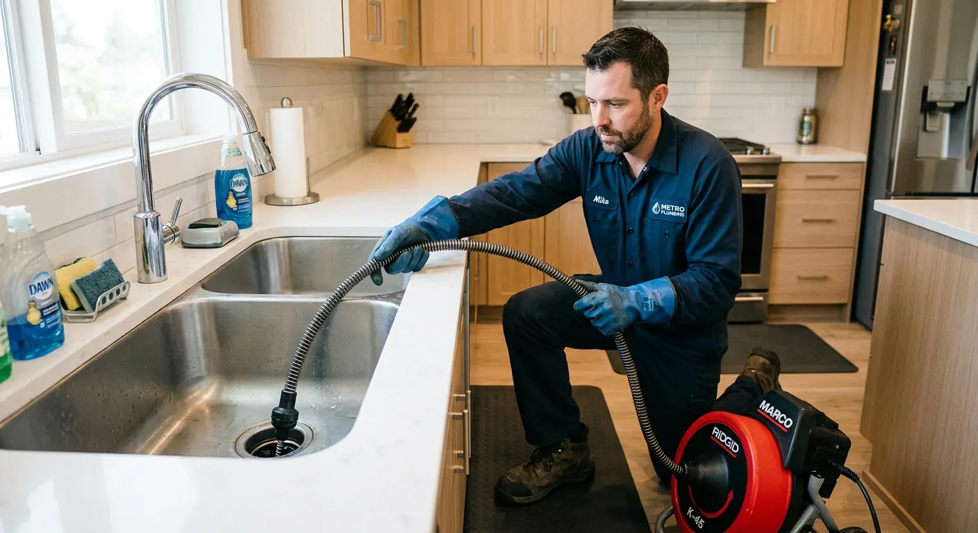 Drain cleaning technician using a motorized snake on a kitchen sink in Burr Ridge
