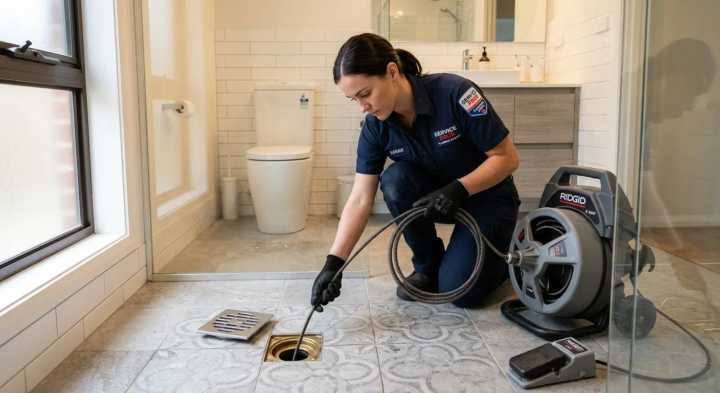 Technician clearing a bathroom floor drain for Clogged Drain Repair in Burr Ridge